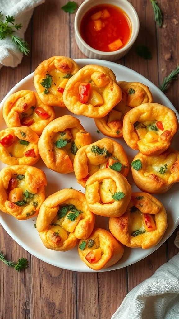 A delicious plate of mini quiche muffins filled with cheese and vegetables, served on a wooden table.